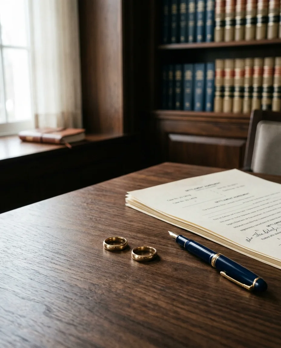 Two wedding rings next to a separation agreement and a fountain pen