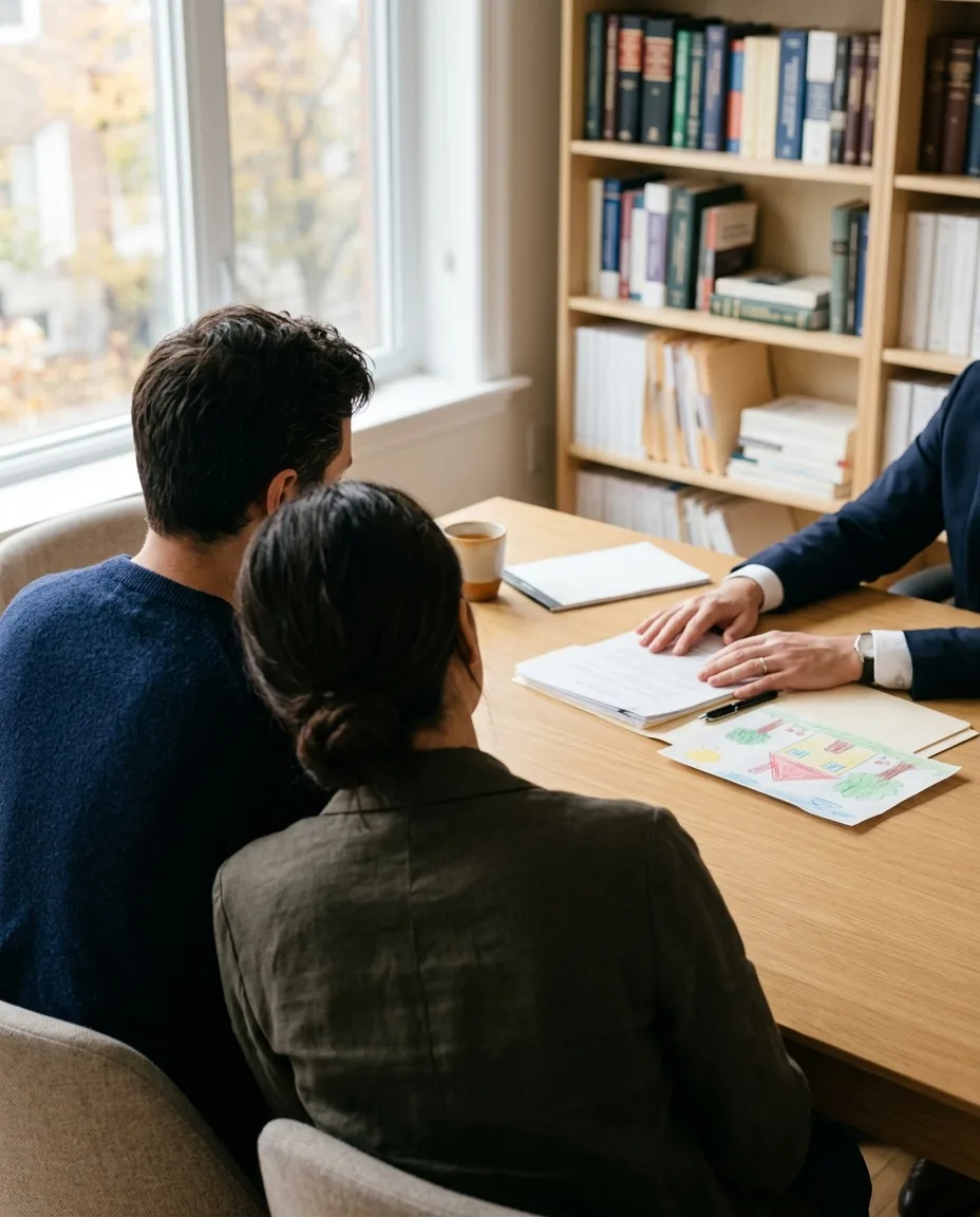 Parents meeting a family lawyer, with a child’s drawing on the table