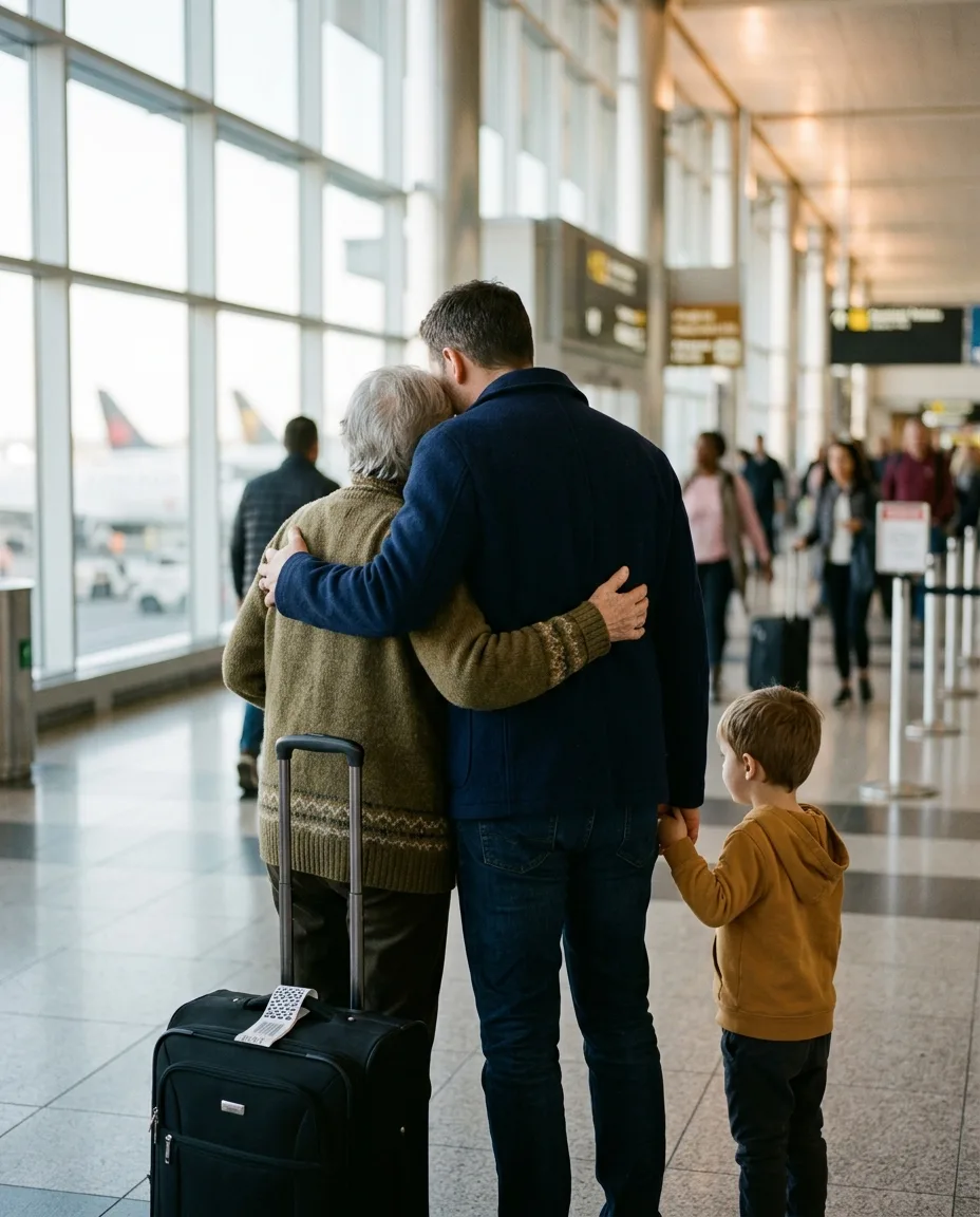 Reencuentro familiar en la sala de llegadas del aeropuerto de Montreal