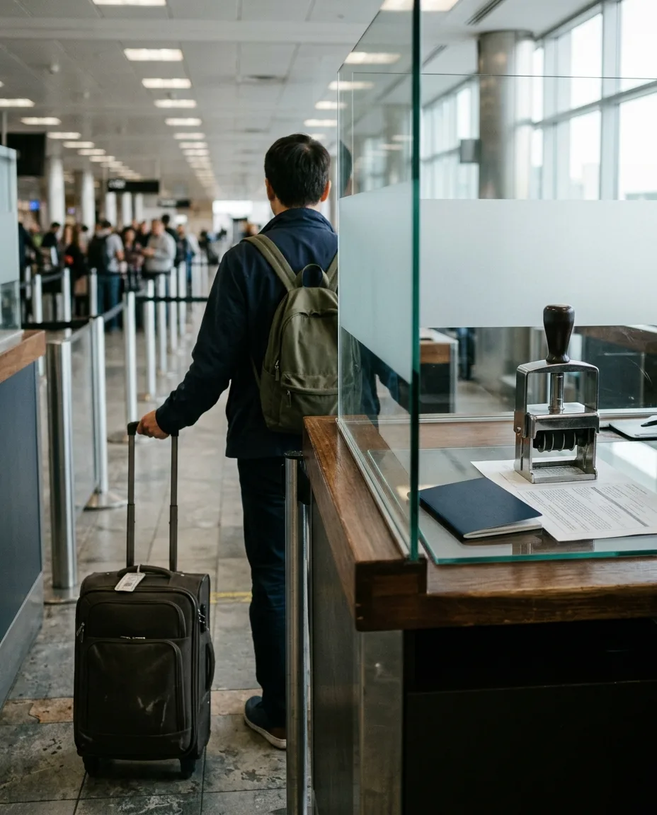 Viajero esperando en el control fronterizo, con un pasaporte y un sello sobre el mostrador