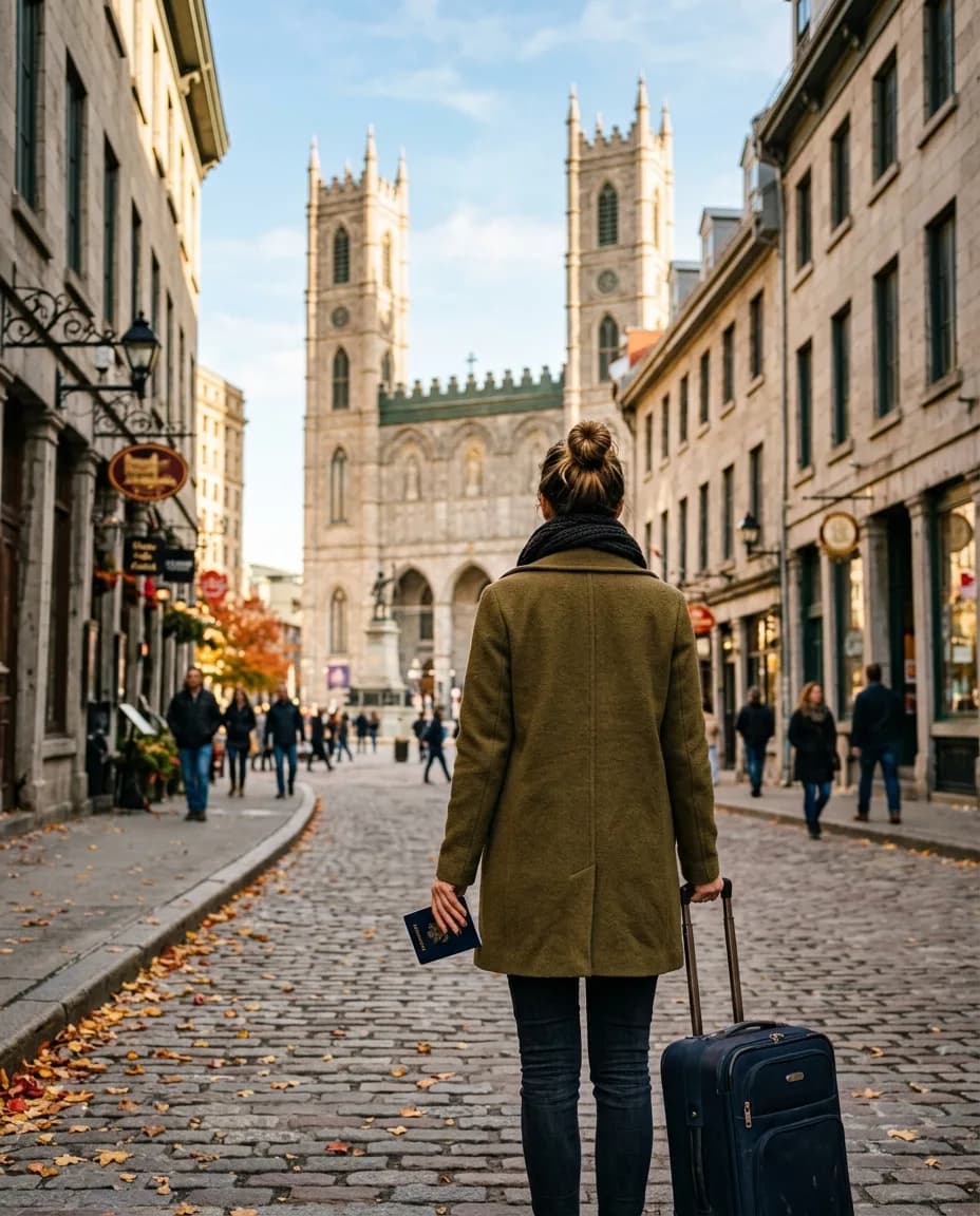 Viajera con pasaporte y maleta en el Viejo Montreal, frente a la basílica de Notre-Dame
