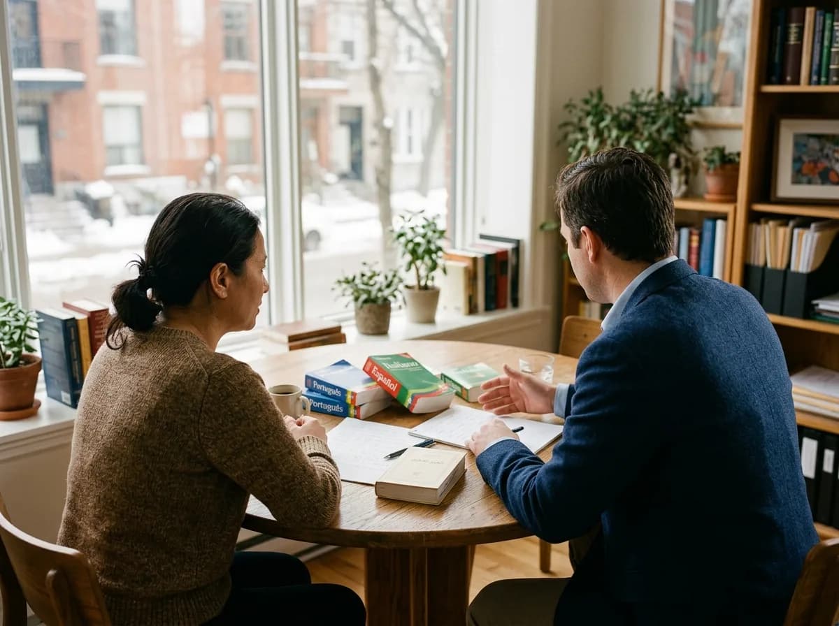 Legal consultation in a Montreal office, with dictionaries in several languages on the table