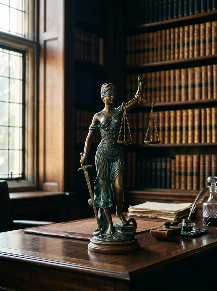 Blindfolded statue of Lady Justice holding scales and a sword in a law library