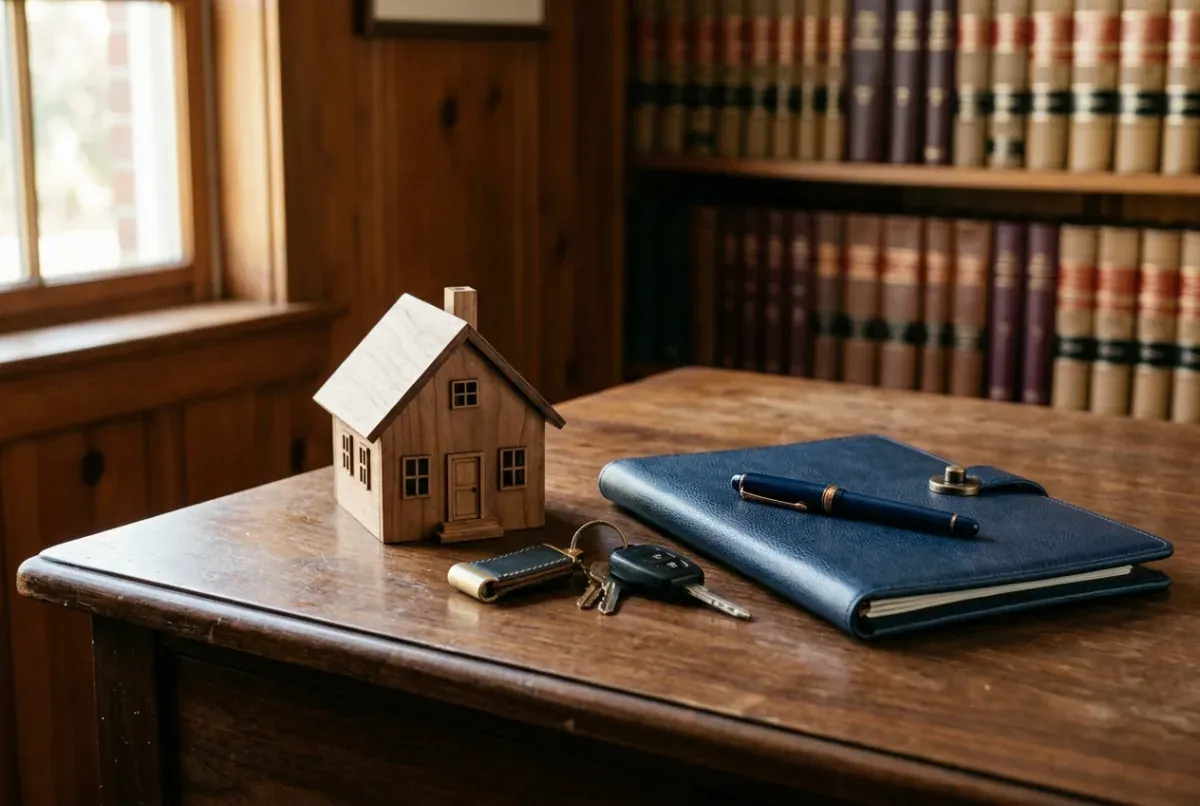 Wooden model house, keys and a leather portfolio on a lawyer’s desk, illustrating the division of the family patrimony in Quebec