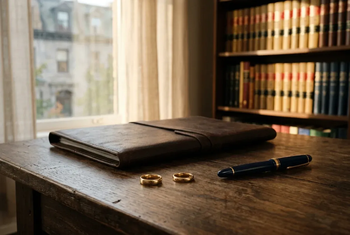 Alliances posées sur un bureau d’avocat près d’un dossier et d’un stylo, illustrant les étapes d’un divorce au Québec