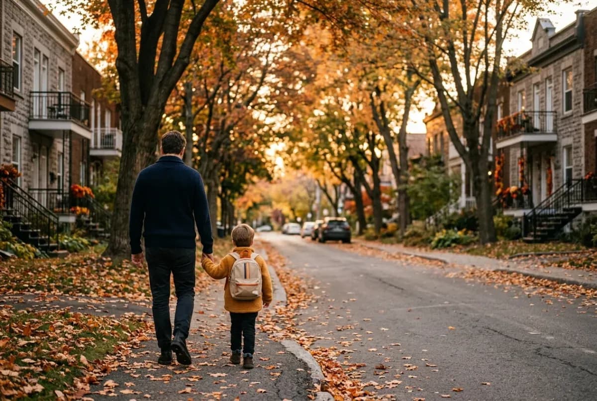 Parent et jeune enfant marchant main dans la main dans une rue de Montréal en automne, illustrant la garde d’enfants au Québec