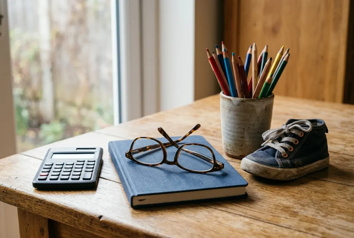 Calculator, notebook, glasses and a child’s shoe on a table, illustrating how child support is calculated in Quebec