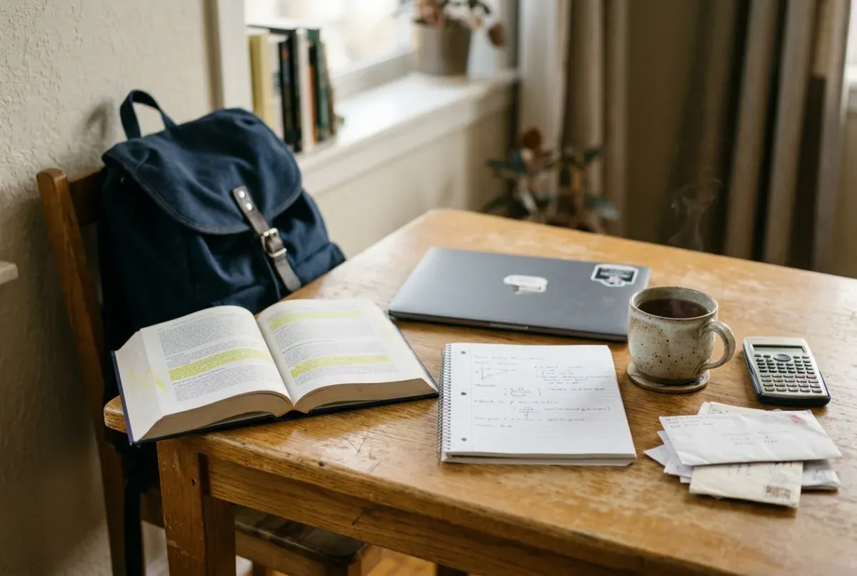 Student desk with a highlighted textbook, notebook, closed laptop and backpack, illustrating child support for an adult child in school