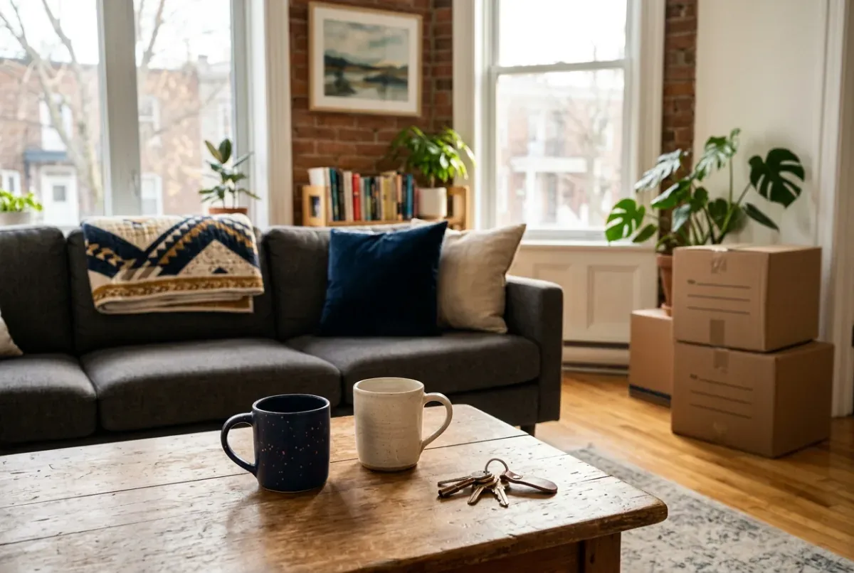 Salon d’un appartement montréalais avec deux tasses, des clés et des boîtes de déménagement, illustrant la séparation d’un couple en union de fait