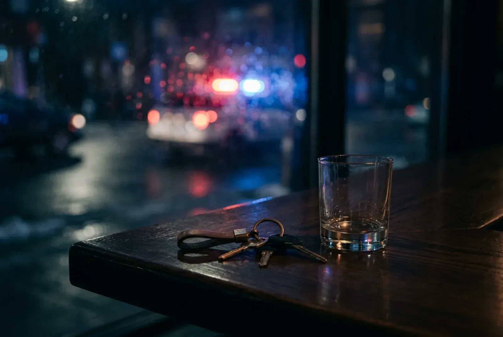Clés de voiture et verre vide sur une table, gyrophares de police flous à l’arrière-plan, illustrant l’alcool au volant au Québec